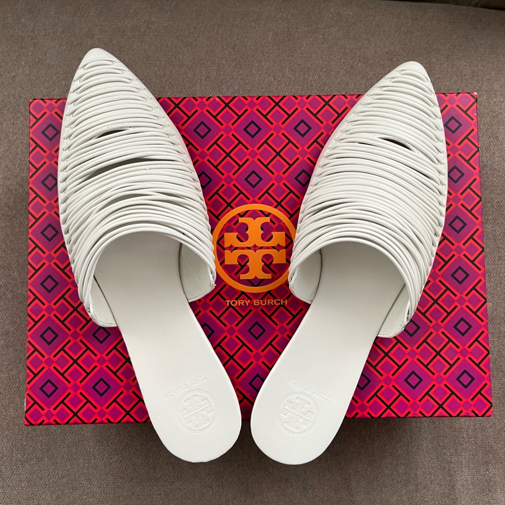 Tory Burch Sienna Woven Leather Slippers in White